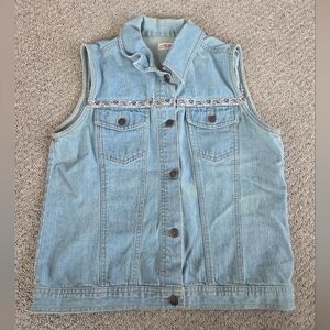 Denim Sleeveless Vest with Floral Trim